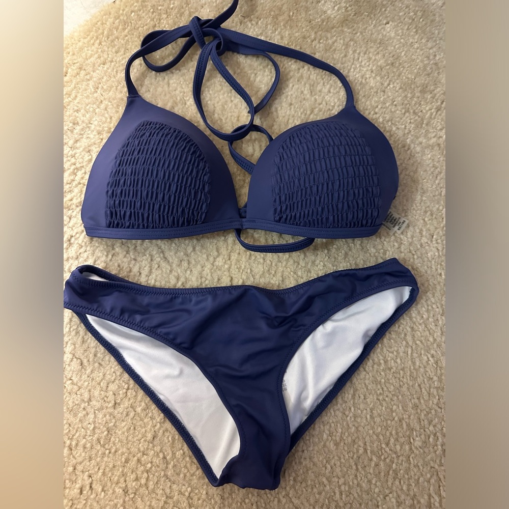 PINK Victoria's Secret Navy Smocked Triangle Bikini Set Scrunch Back Bottom